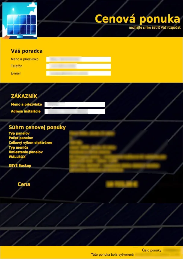 Cenová ponuka pre fotovoltiku v CRM systéme