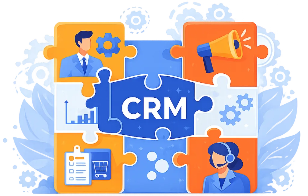 Ilustrácia CRM modulov znázornených ako prepojené puzzle dieliky predstavujúce obchod, marketing, podporu a automatizáciu.