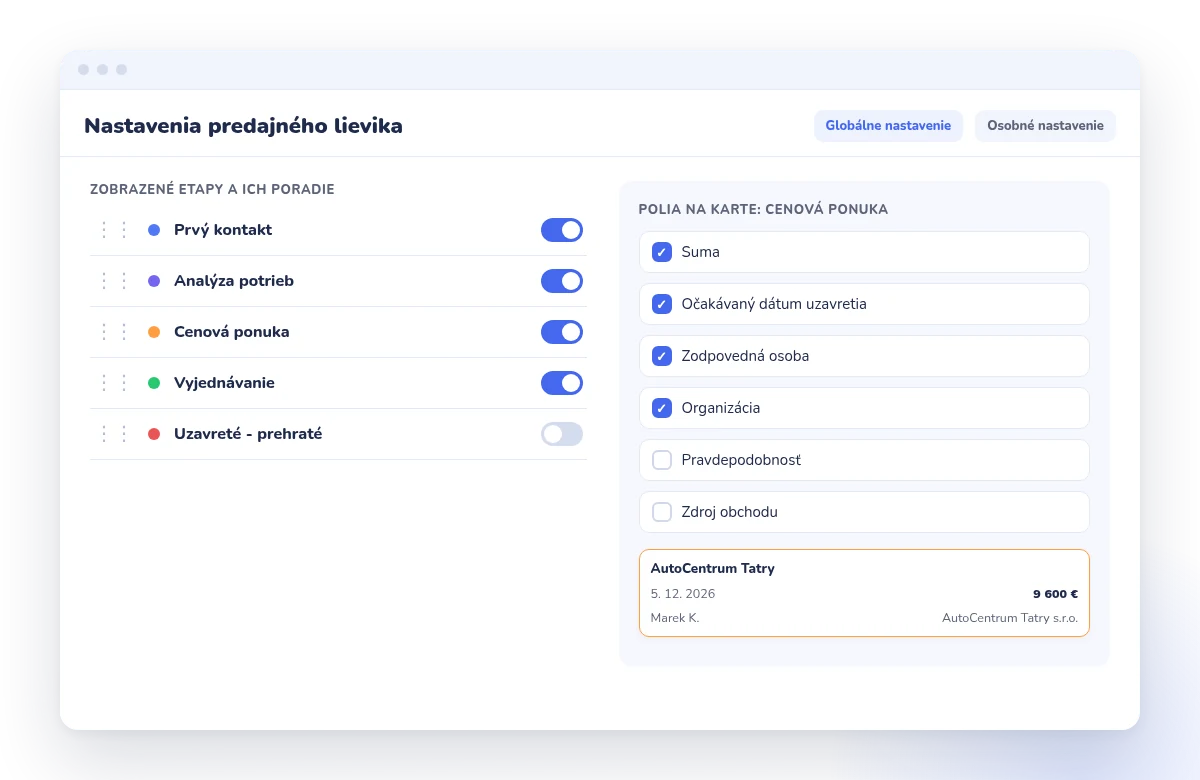 Nastavenie etáp a polí na kartách predajného lievika v CRM
