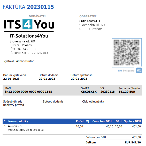 Faktúra s Pay By Square kódom