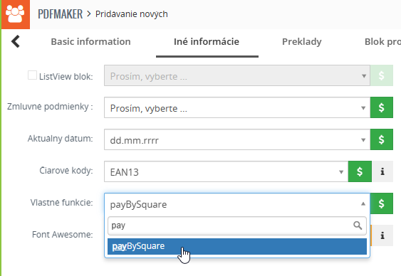 Vyhľadanie PayBySquare funkcie