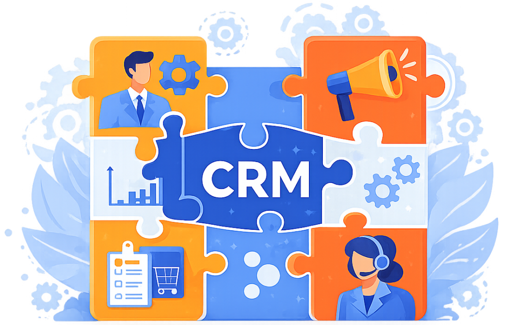 Ilustrácia CRM modulov znázornených ako prepojené puzzle dieliky predstavujúce obchod, marketing, podporu a automatizáciu.